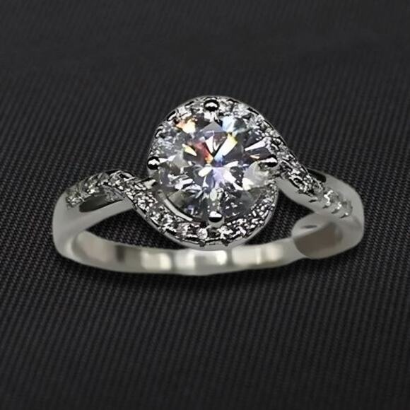 Moissanite Twist Band Engagement Ring Crystal Waves Halo Silver 7 NWT - Picture 1 of 10